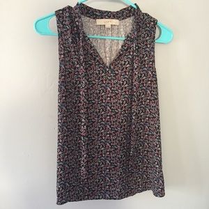 LOFT Floral Tie Neck Mixed Media Shell